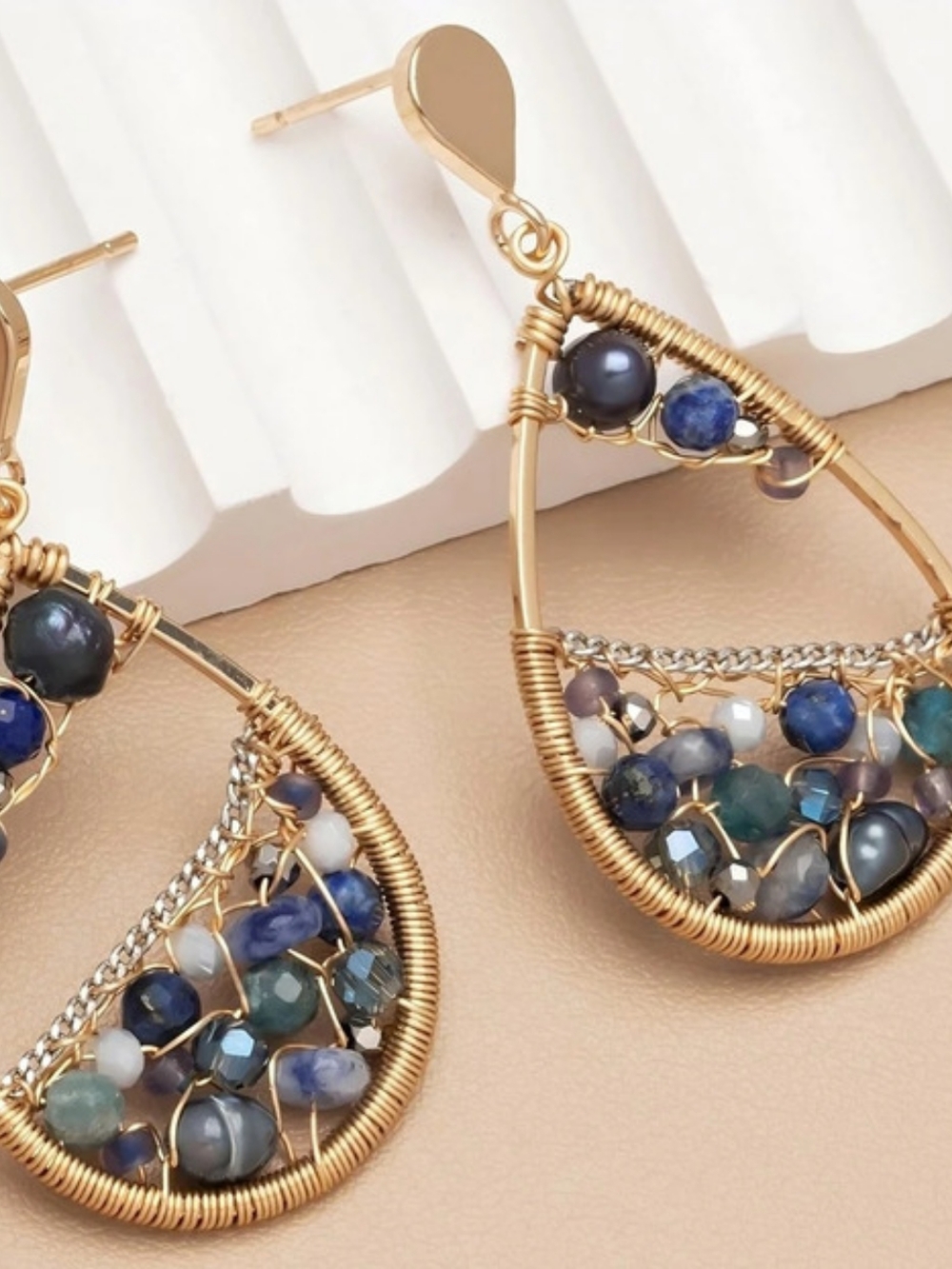Wire Wrapped Teardrop Earrings in Gold & Blue Like New